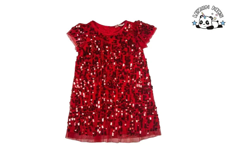 LEZONKIDS - Explosão de Novos Produtos Vestidos Vermelhos Puros de Manga Curta Brilhantes e Sequins para Crianças e Meninas